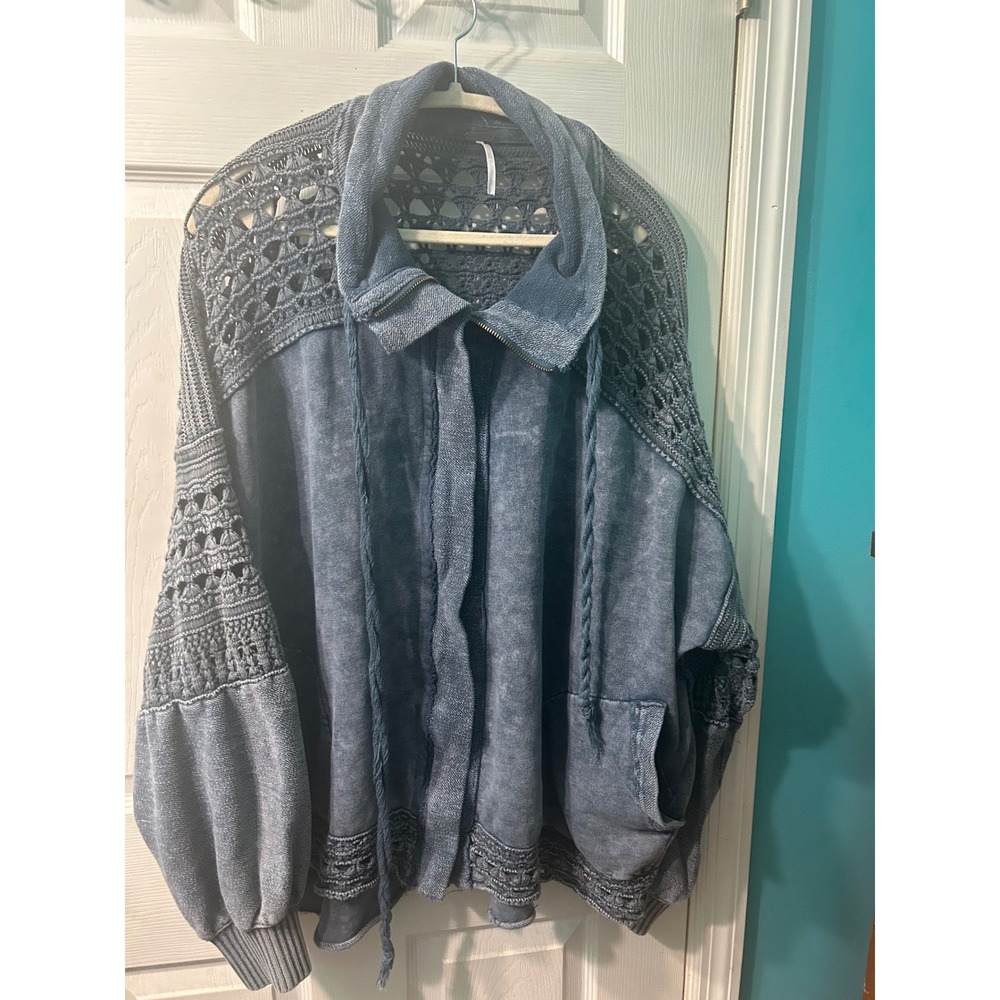 Free People Blue Acid Wash Crochet Knit Zip Up Jacket Oversized Boho Large